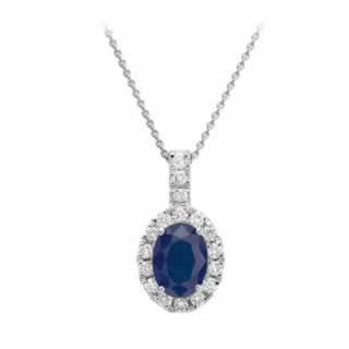 Sapphire and Diamond Halo Pendant in 9K White Gold